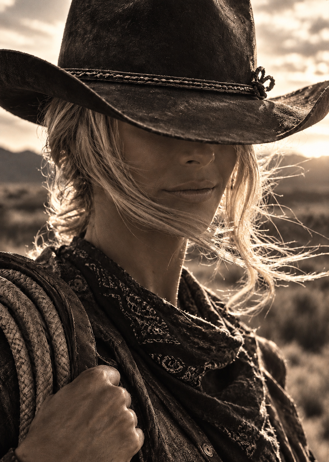 A close-up portrait of a woman outdoors wearing a dark cowboy hat, a patterned bandana-style scarf, and a textured jacket, with warm golden light and a blurred landscape in the background.
